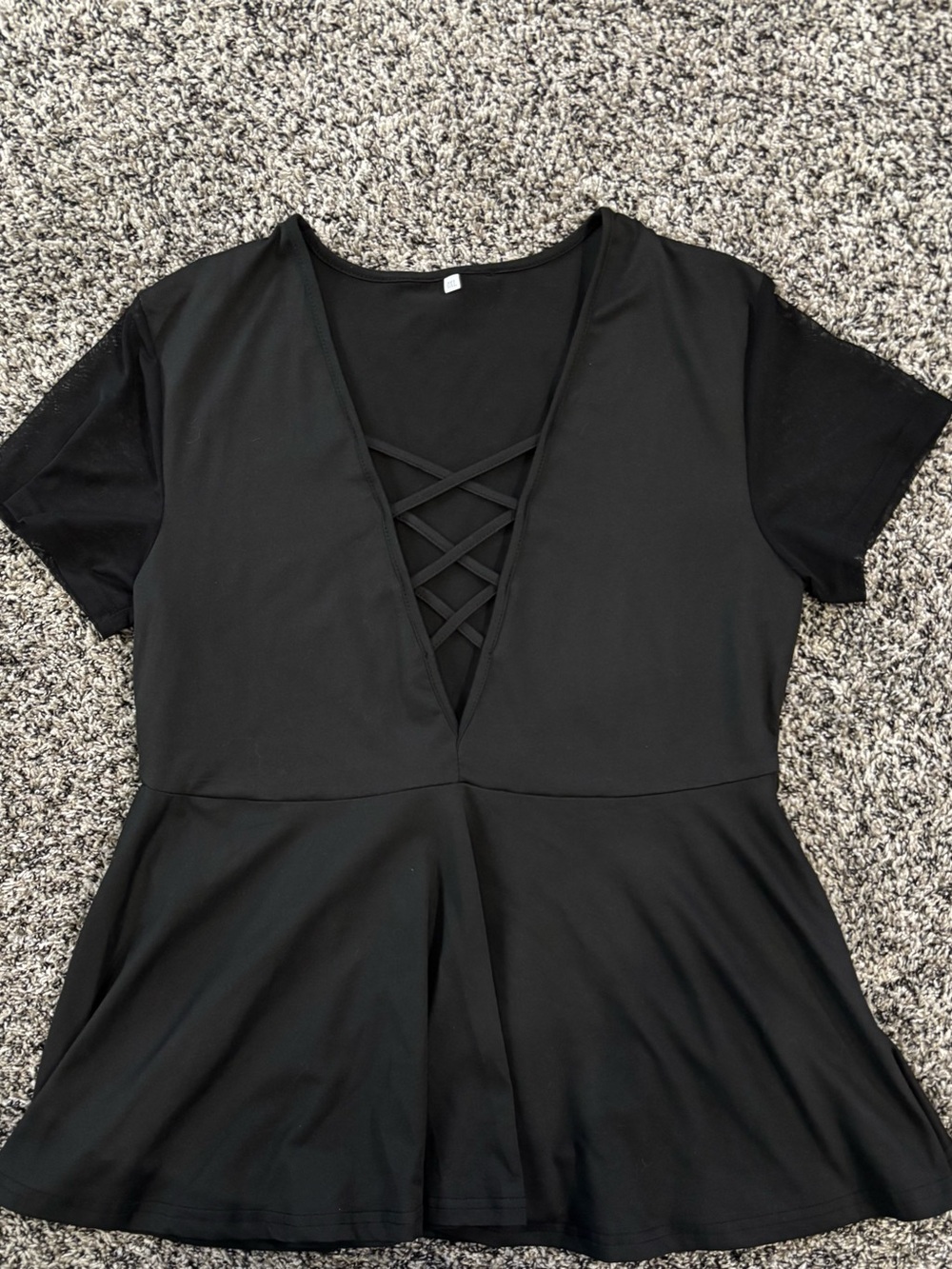 Women’s Black Short-Sleeve Peplum Top with Lace-Up V-Neck
